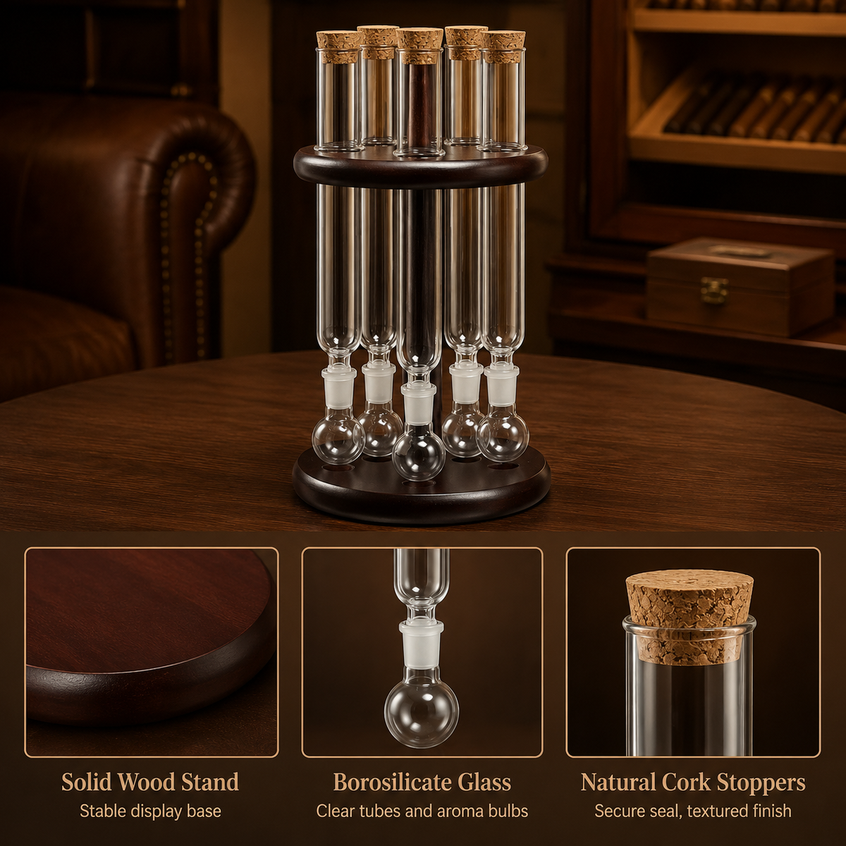 Cigar flavoring humidor tube set material details solid wood borosilicate glass cork stoppers