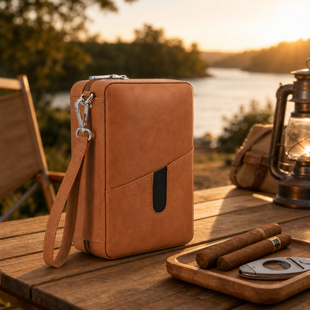 Portable travel cigar humidor bag outdoor lifestyle scene with unlit cigars