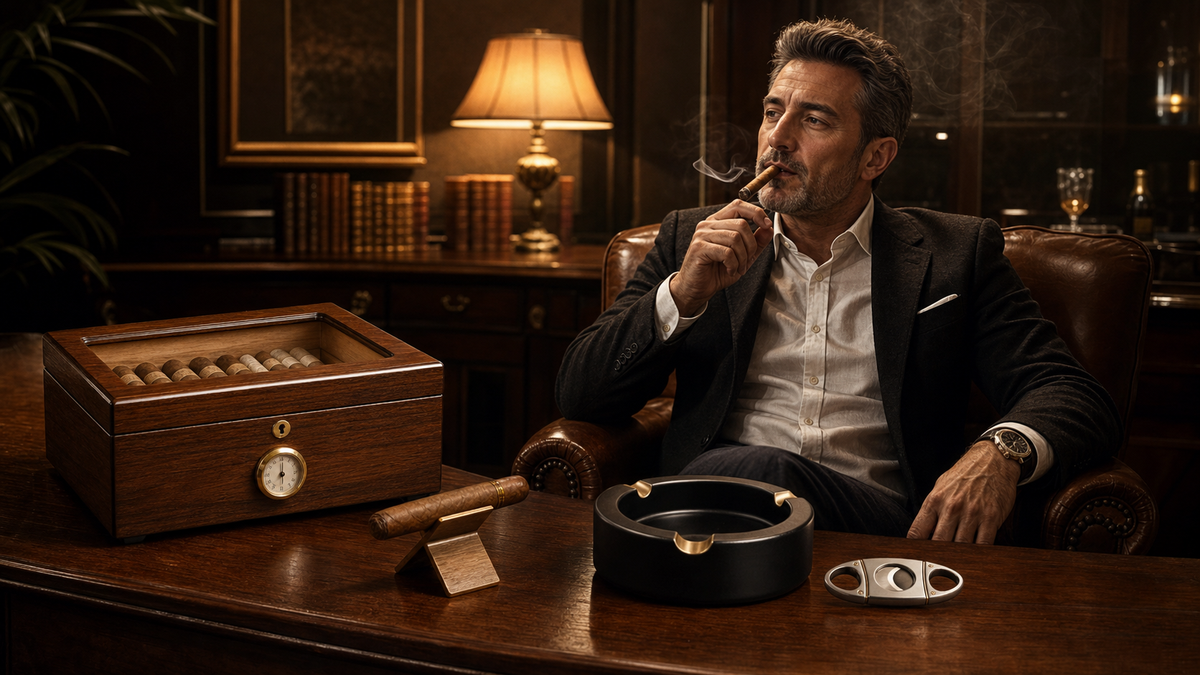 Cigar lounge scene with humidor, cigar stand, ashtray and cutter