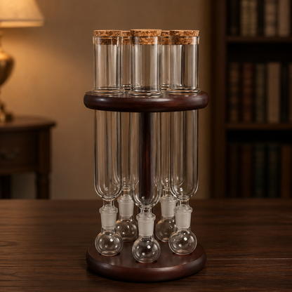 Cigar flavoring humidor tube set with five empty glass infusion tubes and solid wood stand