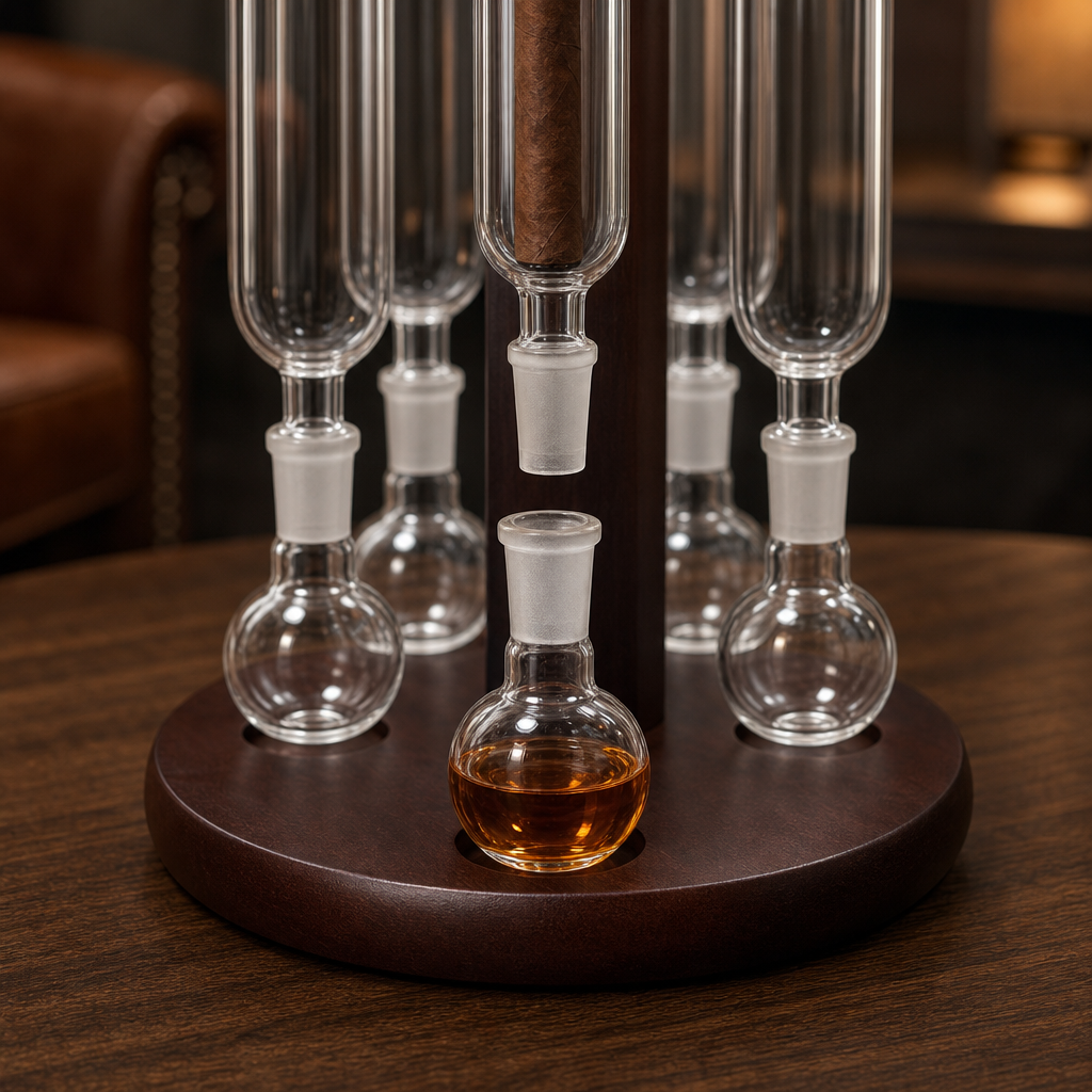 Cigar flavoring humidor tube set showing cigar above aroma bulb structure