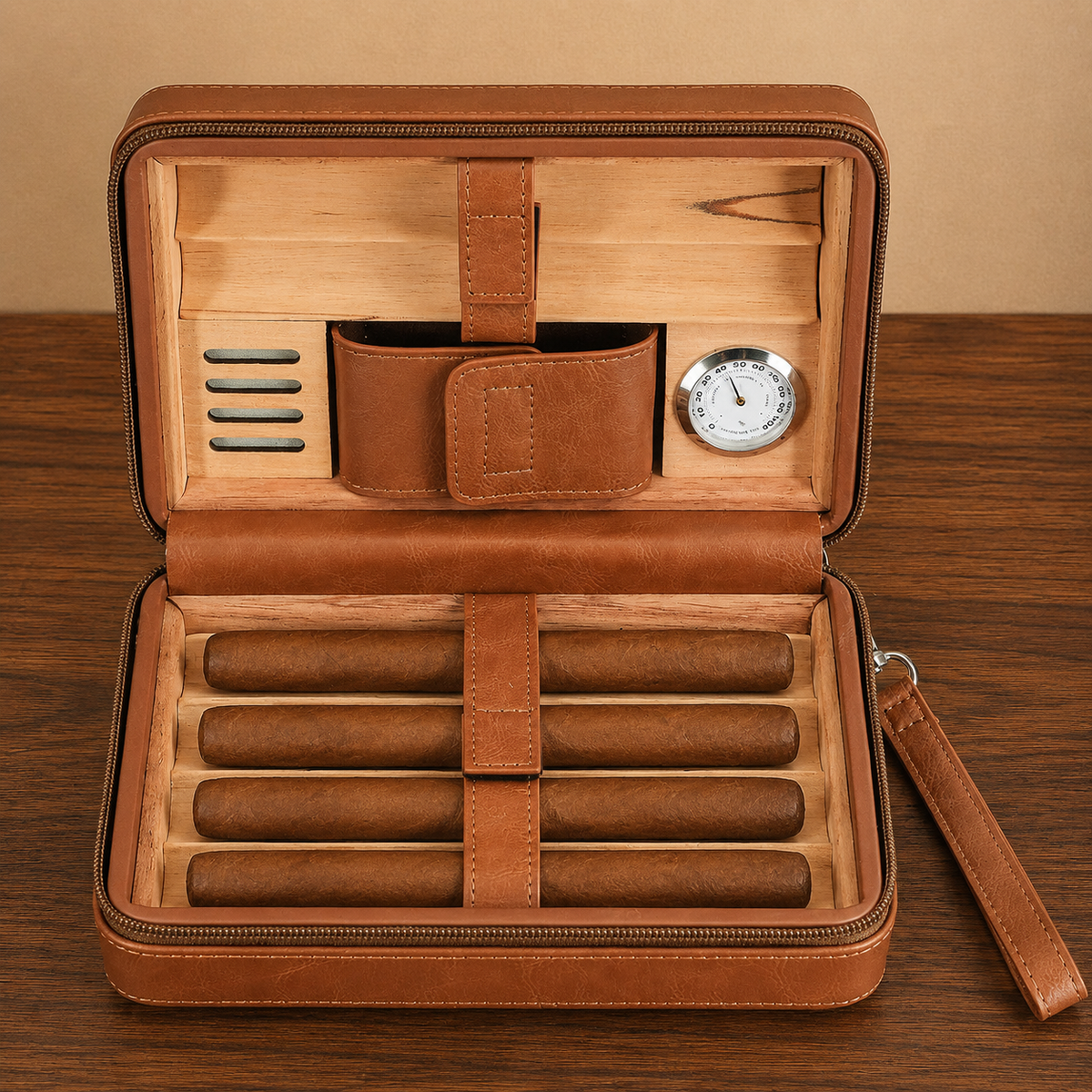 Portable travel cigar humidor bag open cedar lining with four cigars