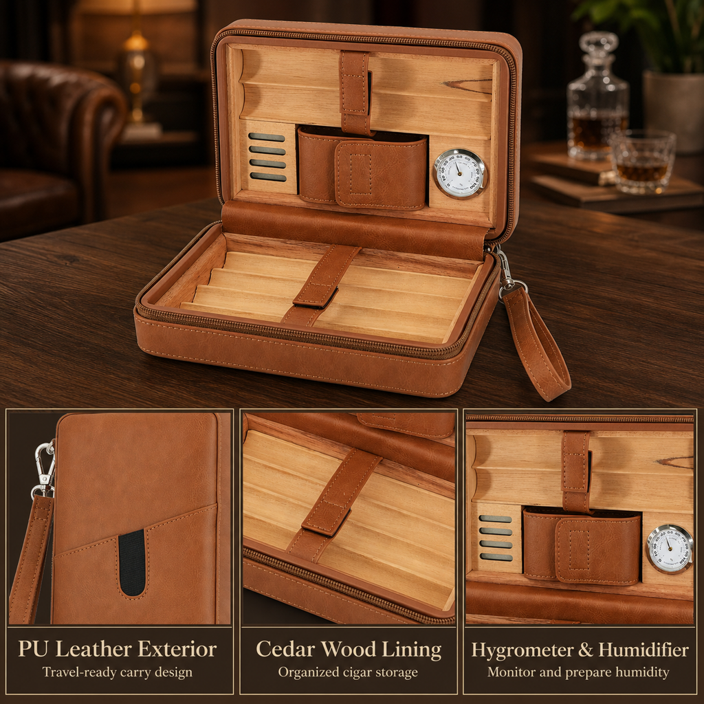 Portable travel cigar humidor bag detail features PU leather cedar lining hygrometer and humidifier
