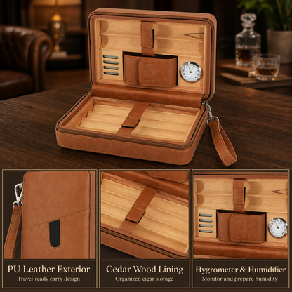Portable travel cigar humidor bag detail features PU leather cedar lining hygrometer and humidifier