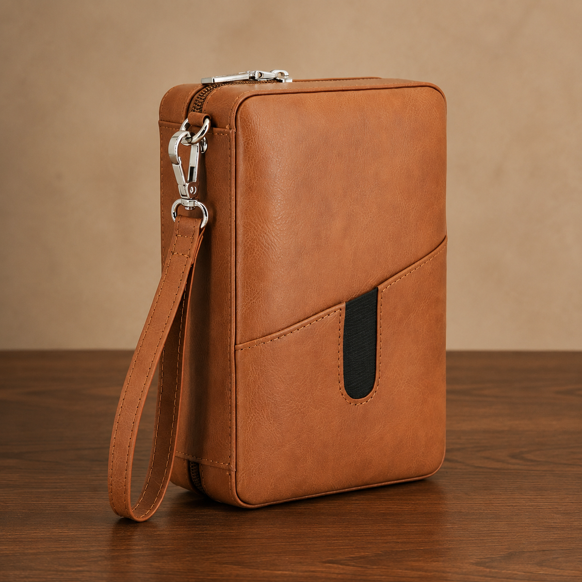 Portable travel cigar humidor bag with tan PU leather exterior and wrist strap