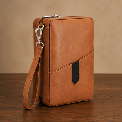 Portable travel cigar humidor bag with tan PU leather exterior and wrist strap