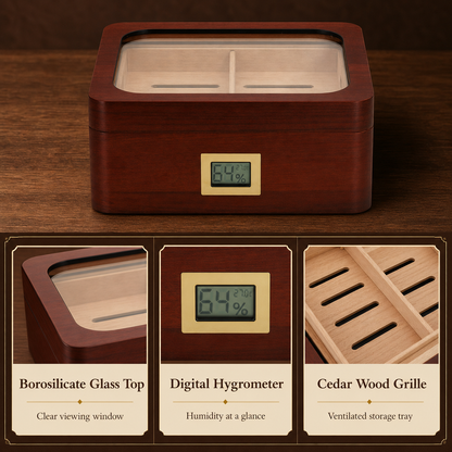 Details of borosilicate glass top digital hygrometer and cedar wood grille