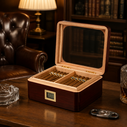 Walnut glass-top cigar humidor open in a warm home lounge scene
