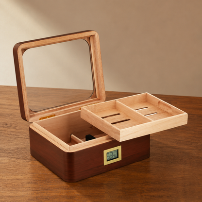 Open walnut cigar humidor showing removable cedar tray structure